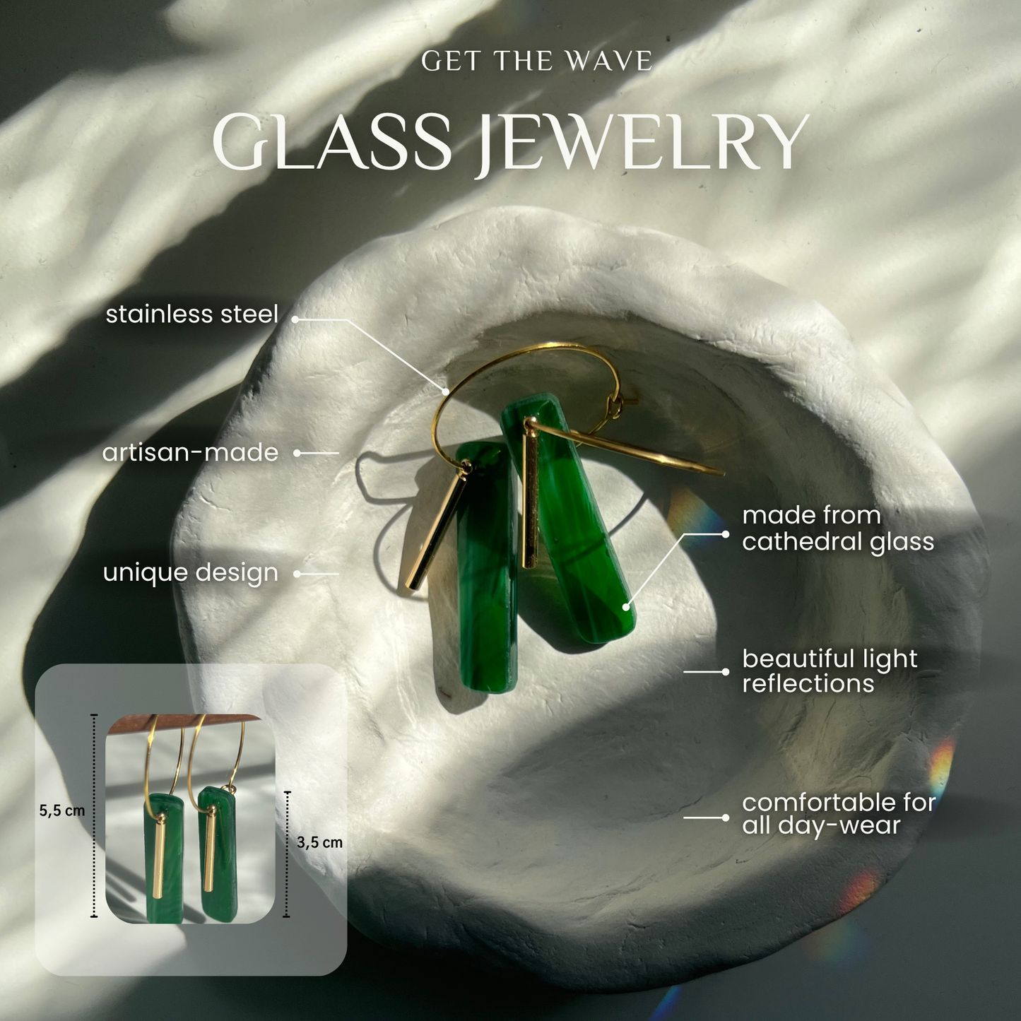 Glasohrringe Rectangle mit goldener Creole