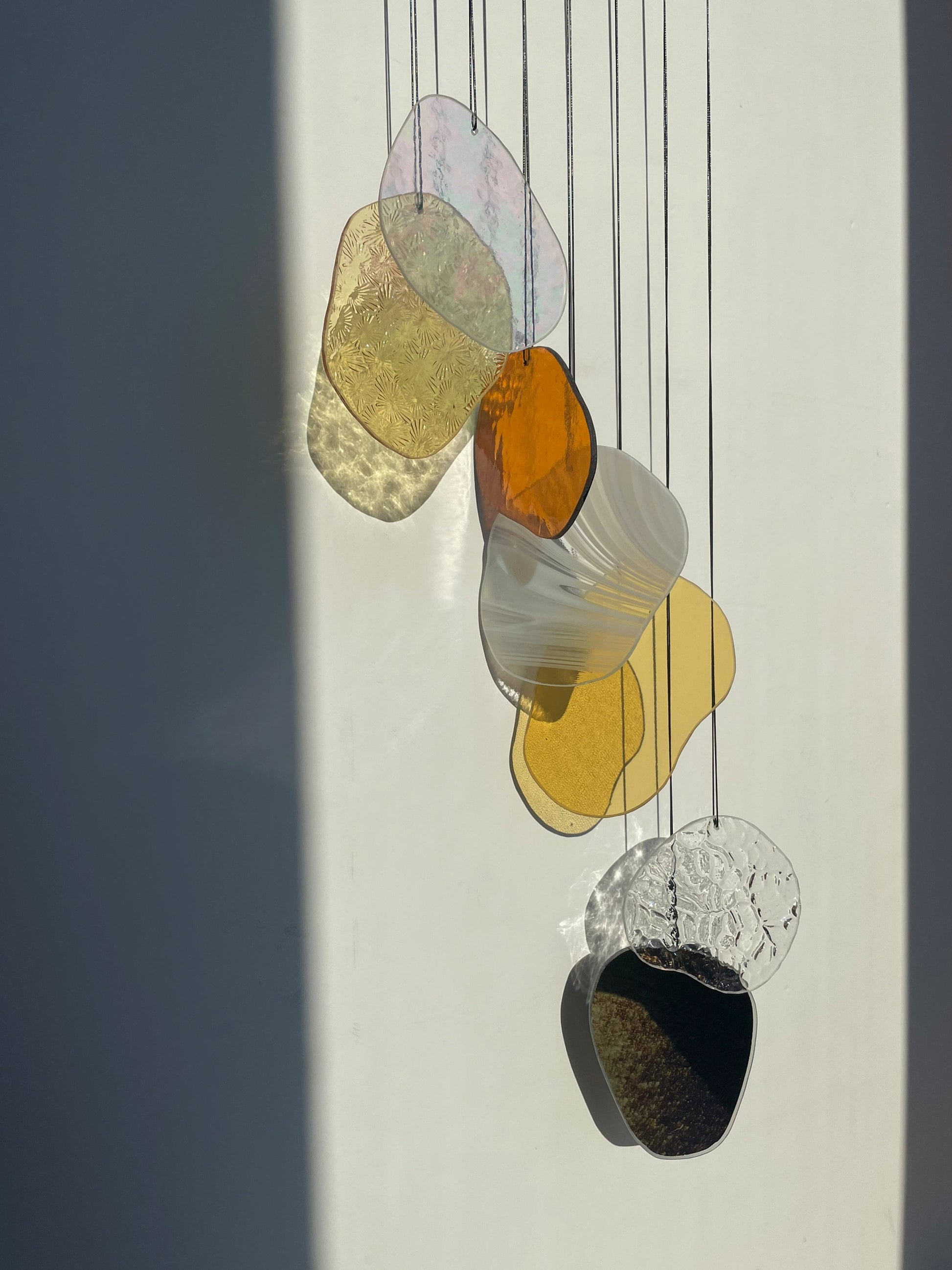 yellow orange Organic Shaped Wall Art in Pastel Colours, Glass Mobile Sun Catcher with Antique Mirror