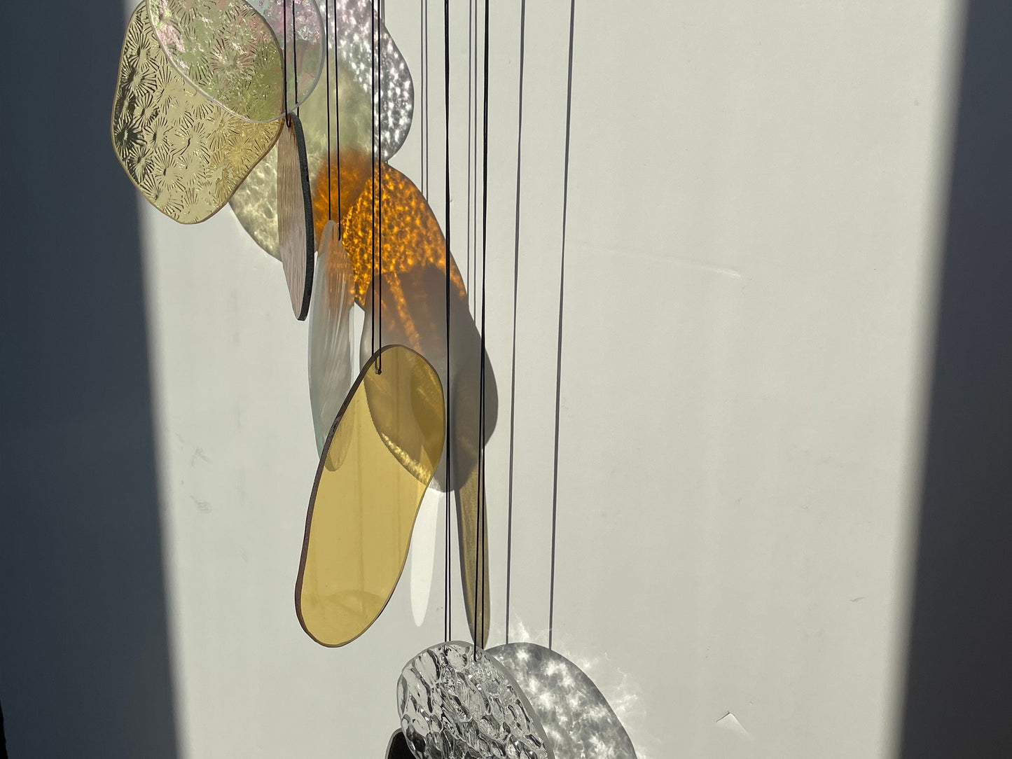 yellow orange Organic Shaped Wall Art in Pastel Colours, Glass Mobile Sun Catcher with Antique Mirror