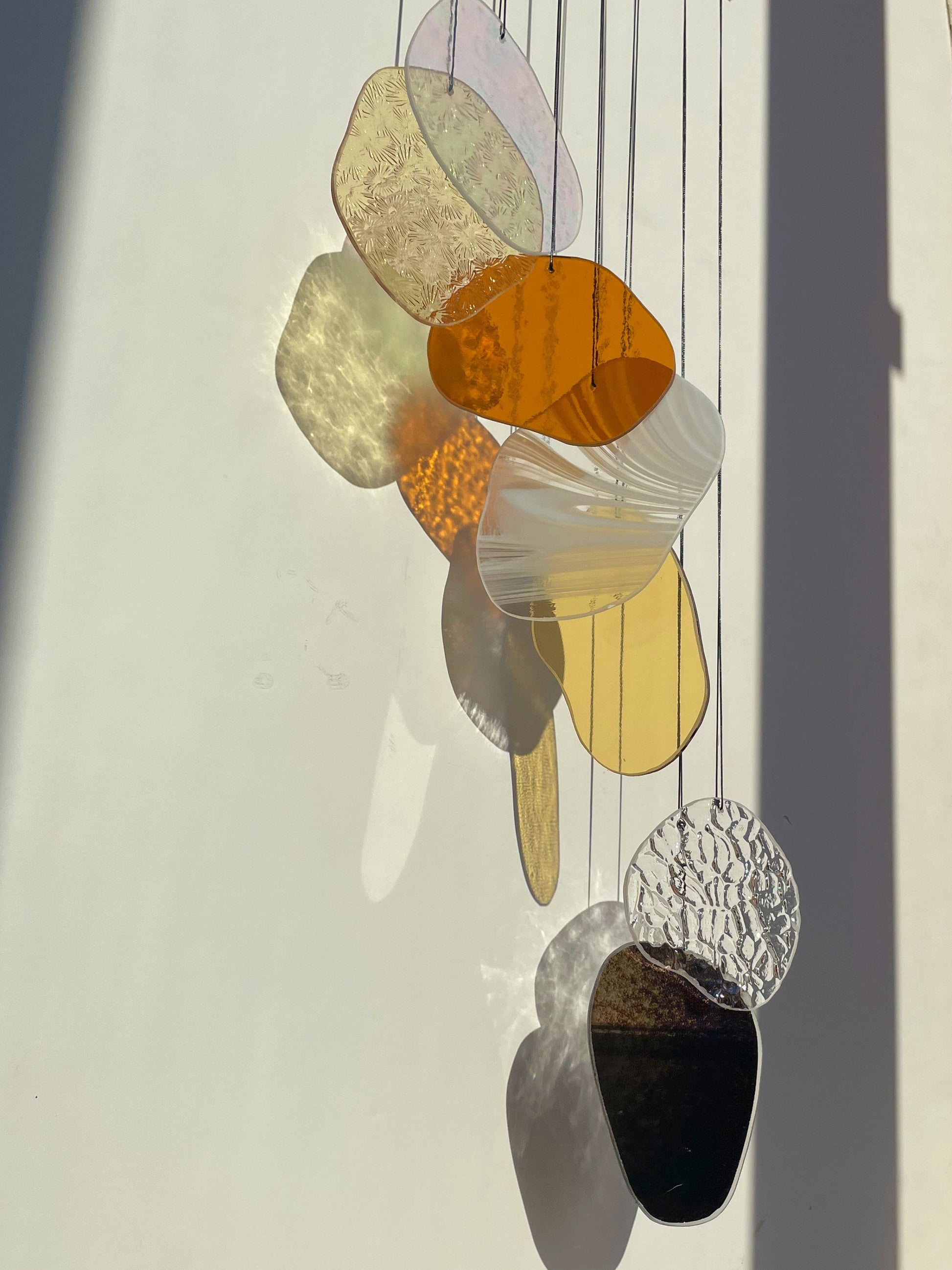 yellow orange Organic Shaped Wall Art in Pastel Colours, Glass Mobile Sun Catcher with Antique Mirror