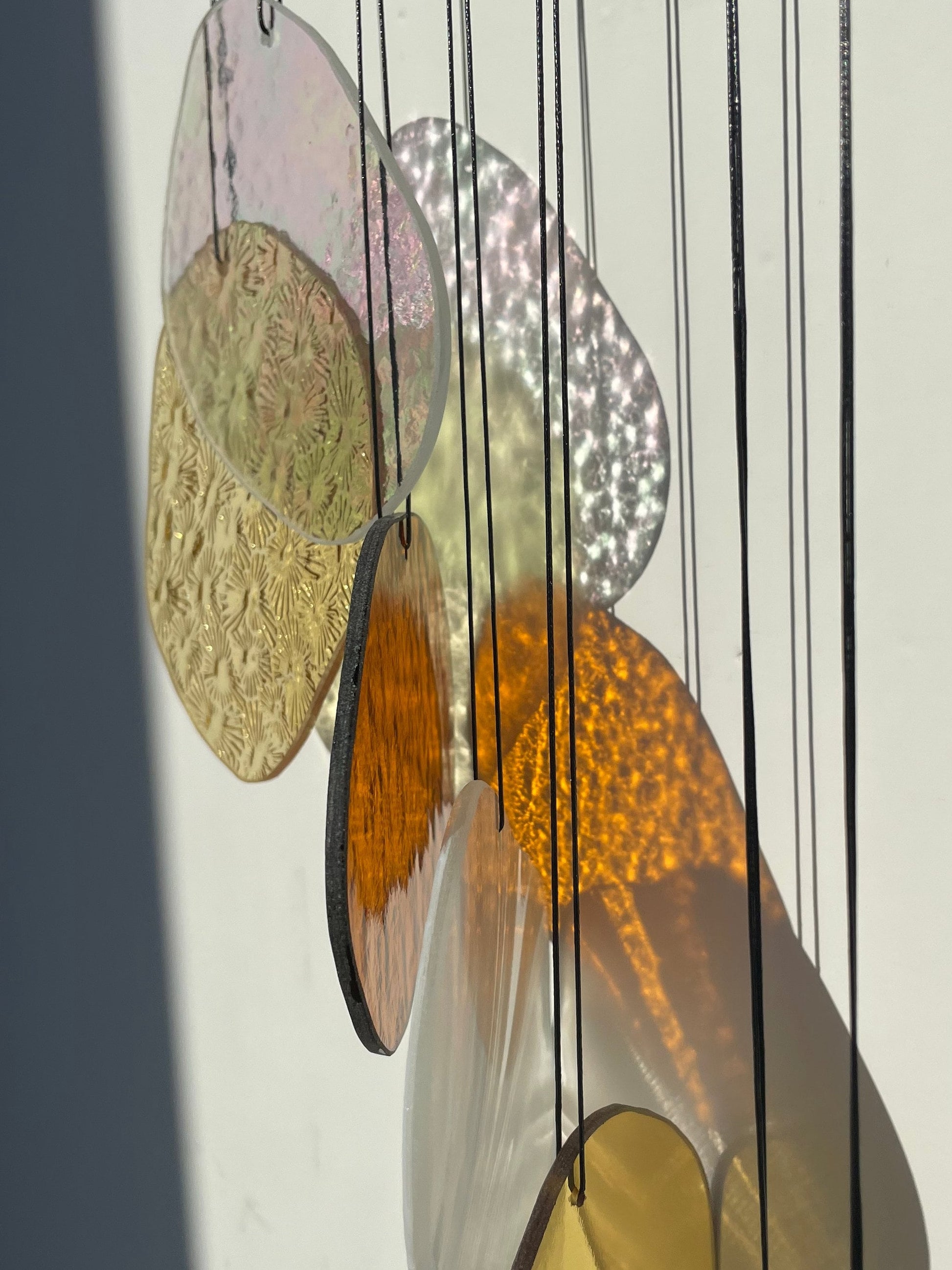 yellow orange Organic Shaped Wall Art in Pastel Colours, Glass Mobile Sun Catcher with Antique Mirror