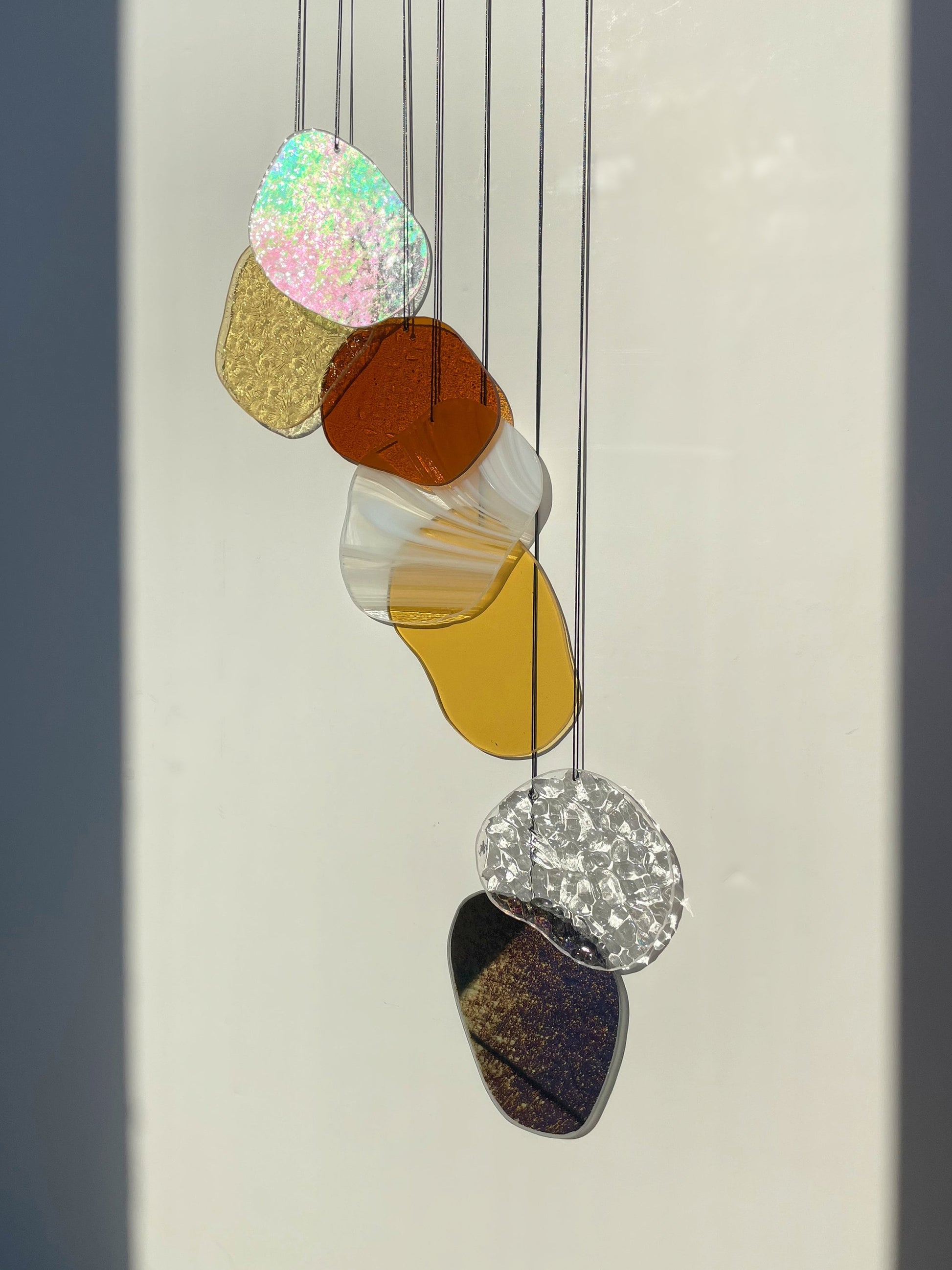 yellow orange Organic Shaped Wall Art in Pastel Colours, Glass Mobile Sun Catcher with Antique Mirror