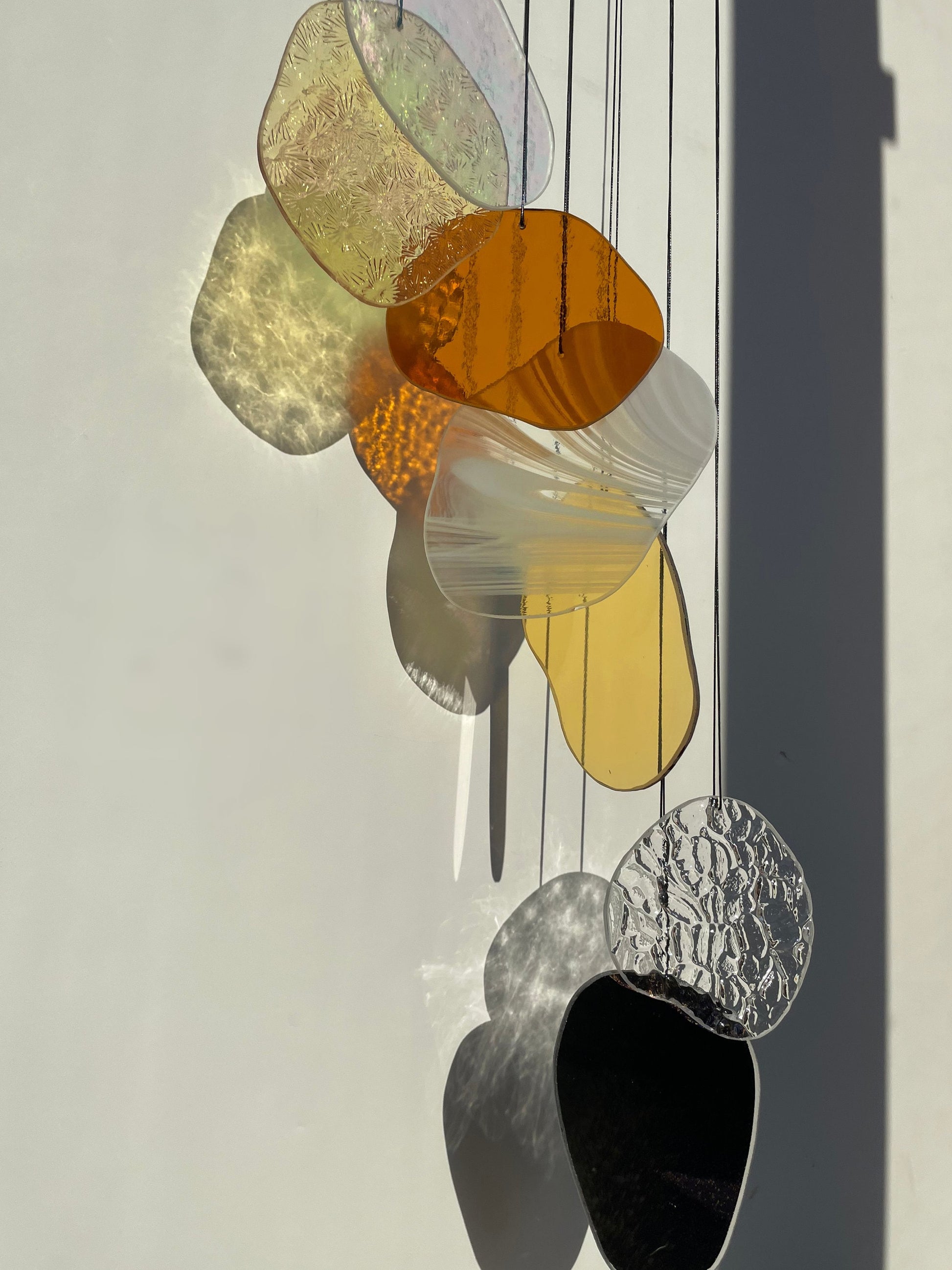 yellow orange Organic Shaped Wall Art in Pastel Colours, Glass Mobile Sun Catcher with Antique Mirror