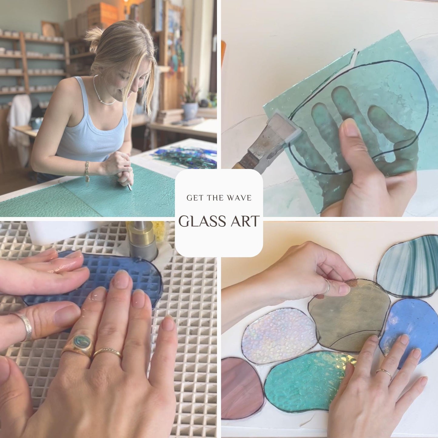 Collage von vier Fotos, die den Prozess der Glasherstellung zeigen: Werkzeuge und farbiges Glas, Hände beim Schneiden und Zusammenfügen von Glasstücken, und Glasstücke in Wellenform angeordnet. Text: “GET THE WAVE GLASS ART”.