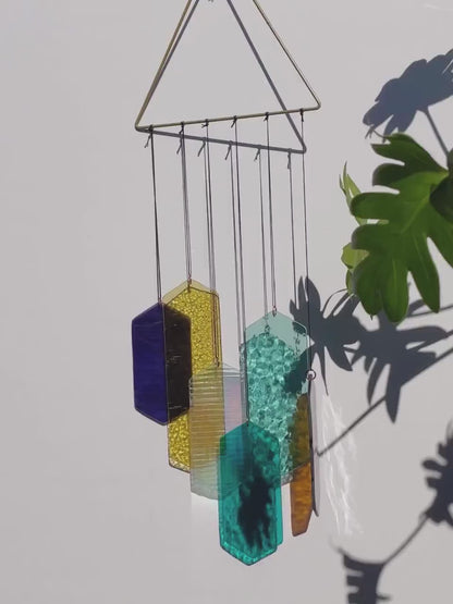 Mobile mit geometrischem Glas, Fenster Installation, Modern Glass Art Sonnenfänger Lichtspiel mit leuchtenden Elementen