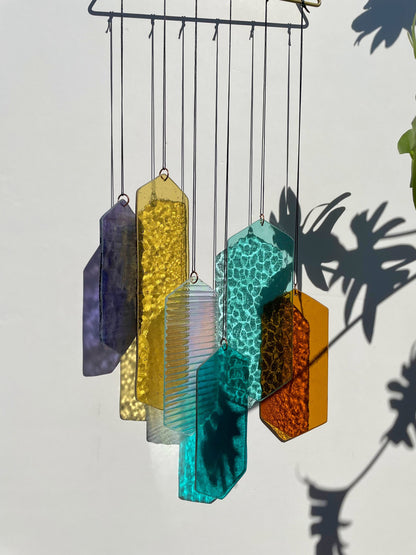 Mobile mit geometrischem Glas, Fenster Installation, Modern Glass Art Sonnenfänger Lichtspiel mit leuchtenden Elementen