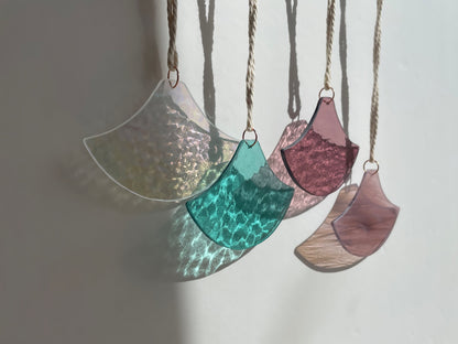 Orange and Pink Glass Art Set in Japanese Wave Pattern: Suncatcher for Wall Dekor, Window or Outdoor