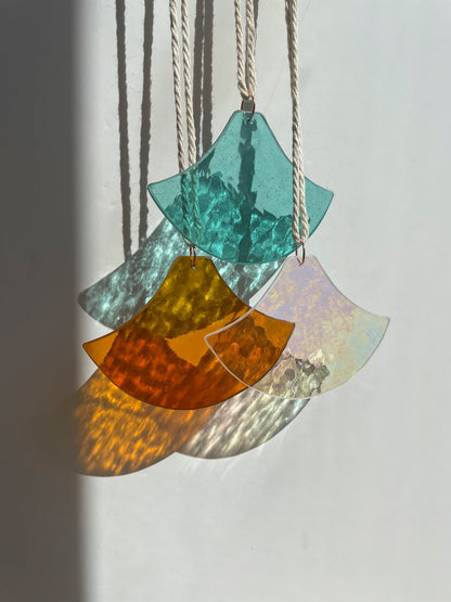 Orange and Pink Glass Art Set in Japanese Wave Pattern: Suncatcher for Wall Dekor, Window or Outdoor