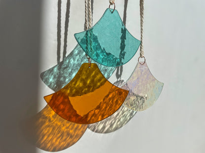 Orange and Pink Glass Art Set in Japanese Wave Pattern: Suncatcher for Wall Dekor, Window or Outdoor