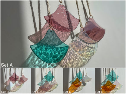 Orange and Pink Glass Art Set in Japanese Wave Pattern: Suncatcher for Wall Dekor, Window or Outdoor
